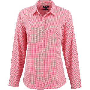 A red and white gingham shirt with long sleeves and a button-up front, featuring a collar and branding.