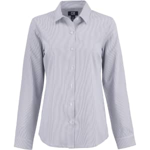 A light blue pinstripe shirt for ladies featuring a collared neckline and button-up front. It has a logo on the label.