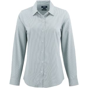 A light blue pinstripe shirt featuring a button-up front and long sleeves, with a collar and logo.