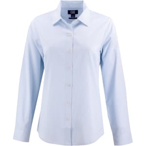 A light blue pinstripe shirt with a collared neckline and long sleeves, featuring buttons down the front and a logo.