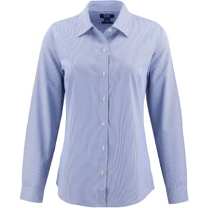 A pinstripe shirt in light blue with long sleeves and buttons, featuring a logo on the shirt.