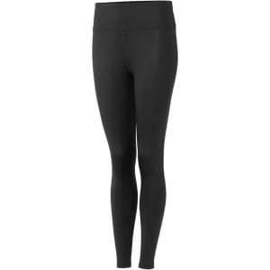 Black active leggings with a high waistband, featuring a logo. Designed for comfort and movement.
