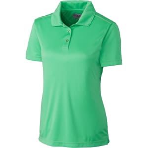 A green ladies polo shirt with a collar and short sleeves, featuring a logo on the chest.