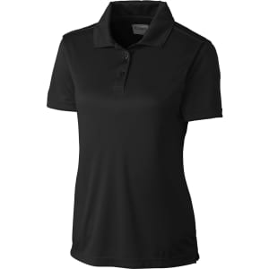 A black ladies polo shirt with a collar, short sleeves, and a logo on the front.