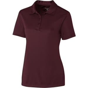 A burgundy polo shirt with a collar and short sleeves, featuring a logo on the chest.