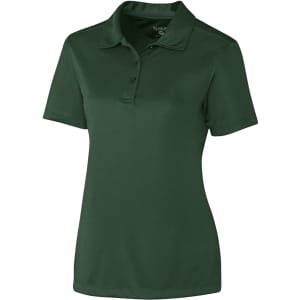 A green ladies polo shirt featuring a collar and short sleeves, with a logo on the chest.