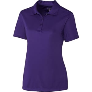 A purple polo shirt with a collar, short sleeves, and a button placket. It features a logo on the chest.