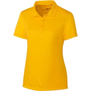 A yellow ladies' polo shirt with a collared neckline and short sleeves. It features a logo on the chest.