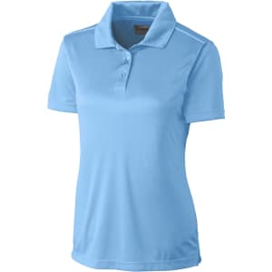 A light blue polo shirt for women with a collar, short sleeves, and a logo.