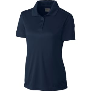 A navy polo shirt for women with a collar, short sleeves, and a logo on the chest.