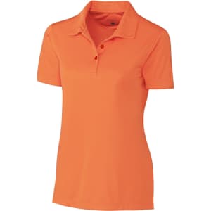 An orange ladies polo shirt with a collar and short sleeves. It features a button placket and has a logo.