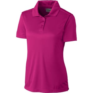 A pink ladies polo shirt with a classic collar and short sleeves. It features a logo on the side.