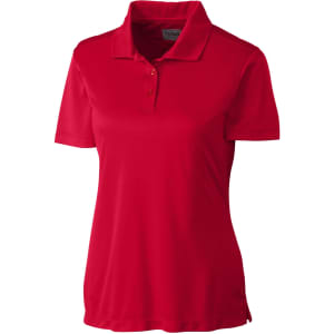 A red ladies polo shirt featuring a collar, short sleeves, and a logo on the fabric.