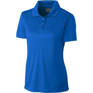 A blue ladies polo shirt with a collar, short sleeves, and a logo on the front.
