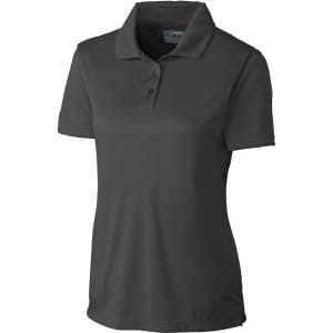 A ladies' polo shirt in dark grey with a classic collar and short sleeves, featuring a logo on it.