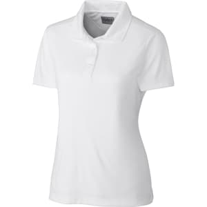 A white polo shirt for women with a collar and button placket, featuring a logo on the chest.