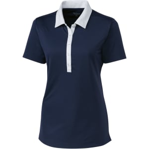 A navy blue ladies' polo shirt with a white collar and buttons, featuring a logo on the front.