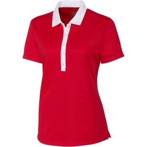 A red polo shirt with a white collar and button placket, featuring a logo on the chest.