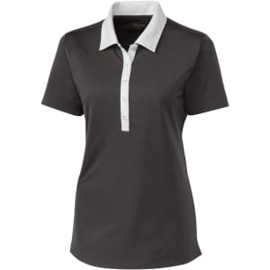 A dark grey ladies polo shirt with a white collar and button placket, featuring a logo.