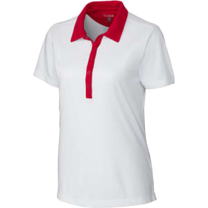 A white polo shirt with red collar and buttons, featuring a logo on the neckline.