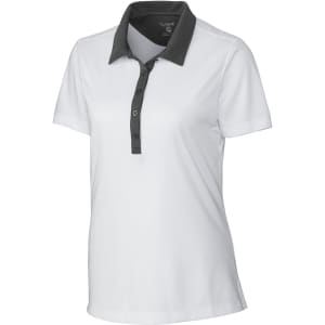A ladies' polo shirt in white with a contrasting black collar and buttons, featuring a logo on the chest.