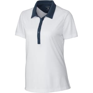 A white ladies polo shirt with a navy collar and buttons, featuring a logo on the chest.