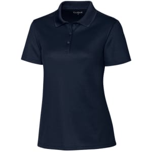 A navy polo shirt with a collared neckline, short sleeves, and a logo on the upper left.