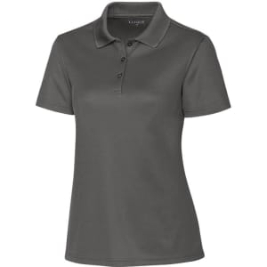 A grey polo shirt with a collar and three buttons, featuring a logo on the upper front.