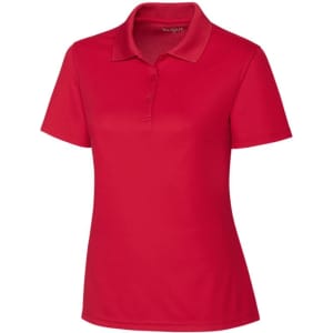 A red women's polo shirt with a collared neckline, short sleeves, and a simple design. It has a small logo on the chest.