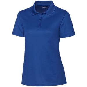 A blue women's polo shirt featuring a collar, buttons, and a logo on the chest.