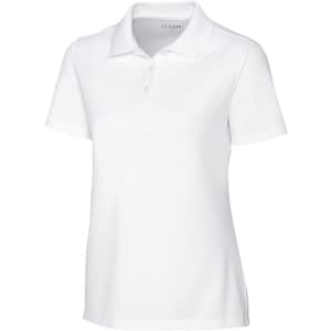A white women's polo shirt with a collar, short sleeves, and a branding logo.