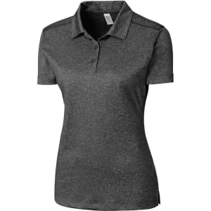 A women's polo shirt in dark grey with a collar and three buttons, featuring branding on the fabric.