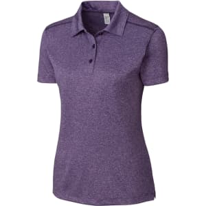 A purple polo shirt with a collar and buttons, featuring a logo on the side.
