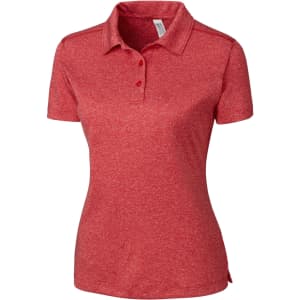 A red active polo shirt for ladies with a collared neck and a logo. Suitable for casual wear.