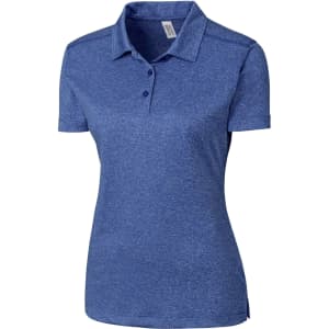 A blue polo shirt for women featuring a collar, button placket, and a logo.