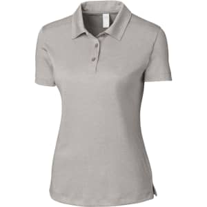 A light grey women's polo shirt with a collar and three buttons, featuring a logo on the chest.