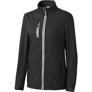 A black softshell jacket for women featuring a zipped chest pocket and zippered side pockets. It has a sleek design and attractive detailing.