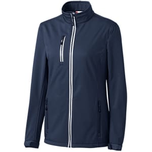 A navy softshell jacket designed for ladies featuring a zip front and stylish pockets. It has a logo on the garment.
