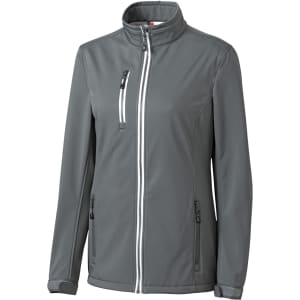 A softshell jacket in grey with a front zip, zippered pockets, and a high collar. Features a logo on the chest.