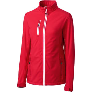 A red softshell jacket with a zippered chest pocket and side pockets, featuring a logo on the sleeve.