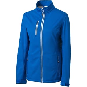 A blue softshell jacket with a zip front, zip pockets, and a standing collar. It features logo branding.