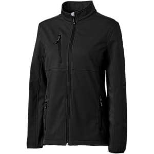 A black softshell jacket with a high collar, featuring zippered pockets and a logo.