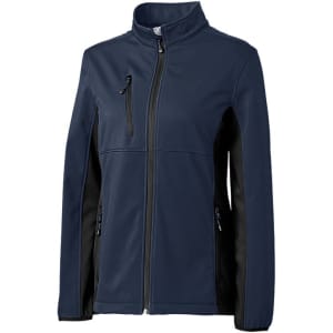 A navy and black softshell jacket with a zip closure and multiple pockets, featuring a logo.