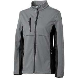 A softshell jacket in light grey with black side panels, featuring a zippered front pocket and a high collar.