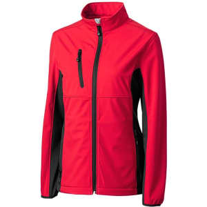 A red and black softshell jacket featuring a zip front and multiple pockets. It has a logo on the chest.