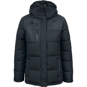 A black puffer jacket with a hood, featuring a zip pocket and adjustable drawstrings. It has a logo on it.
