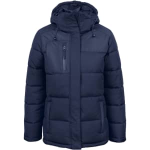 A navy puffer jacket with a hood, featuring pockets and a zip front, and a logo on the chest.