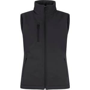 A black softshell vest with a high collar and zippered pockets, featuring a logo on the chest.