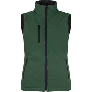 A green ladies' softshell vest with a high collar and three pockets, featuring black accents.
