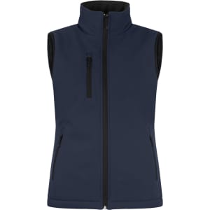 A navy blue softshell vest featuring a high collar and zippered pockets, with an interior lining.